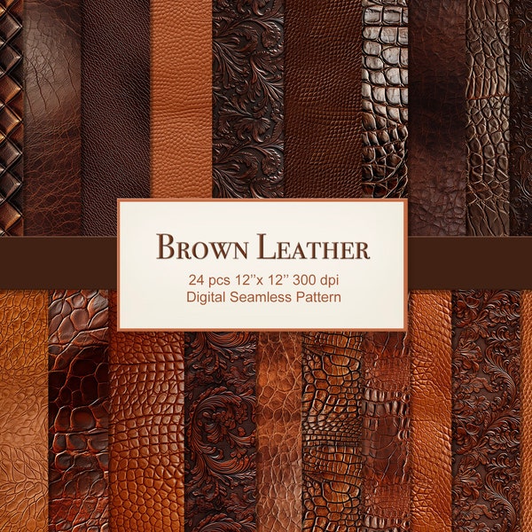 Brown Leather Seamless Pattern Texture Craft Paper Pages. Floral Western Embossed. Commercial Use. Crafting Scrapbook Junk Journal. 24 PACK