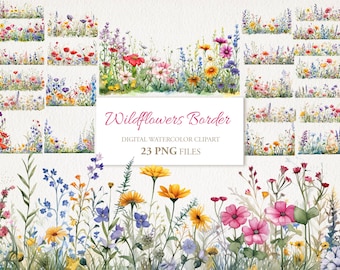 Wildflowers Border Watercolor Clipart 23 PNG Bundle. Floral Wedding AI Illustration. Digital Download Commercial Use. Scrapbook Journal Card