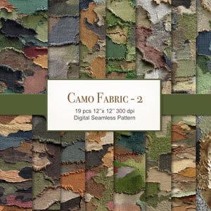 Puede incluir: Una colección de muestras de tela de camuflaje en varios colores, incluyendo verde, marrón y gris. Las piezas de tela están dispuestas verticalmente, con un rectángulo blanco en el centro que dice "CAMO FABRIC - 2". Cada pieza mide unos 30,5 cm x 30,5 cm.