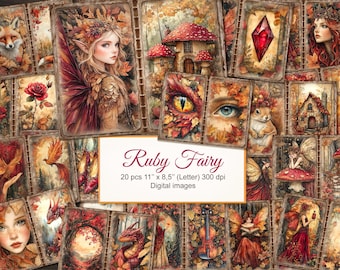 Pagine per junk journal a tema fate rosso rubino. Foresta magica, fantasy e stregata. Download digitale. Confezione da 20.