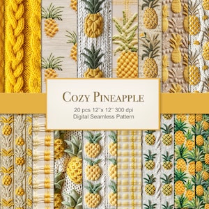 May include: A digital paper pack with 20 seamless patterns featuring pineapple designs in yellow, green, and white. The patterns are 12 inches by 12 inches and 300 dpi. The text "Cozy Pineapple" is displayed on the image.