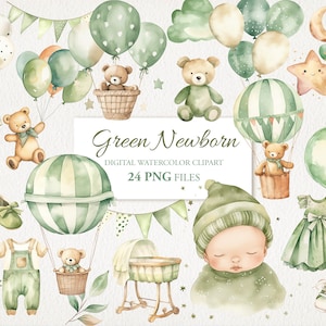 Green Newborn Birthday Watercolor Clipart PNG Bundle. Baby Children Nursery Art.  AI Illustration. Instant Download for Commercial Use