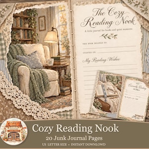 Op de afbeelding: Een set van 20 junk journal pagina's getiteld The Cozy Reading Nook, met illustraties van een crèmekleurige fauteuil met een groene gebreide plaid, een boekenplank en een lamp. De pagina's bevatten gelinieerde secties voor leeswensen en notities.