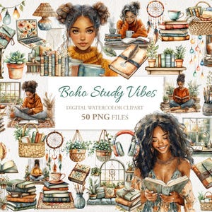 Könnte beinhalten: Ein digitaler Aquarell-Clipart-Satz mit dem Titel "Boho Study Vibes" und dem Text "50 PNG Files". Der Clipart enthält Illustrationen von Büchern, Pflanzen, einem Fenster, einem Traumfänger, einem Zelt, einer Lampe, einem Stuhl, einem Mädchen beim Lesen und anderen Elementen im Boho-Stil.