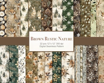 Könnte beinhalten: Ein Set mit 22 digitalen nahtlosen Mustern in Braun, Grün und Weiß. Die Muster beinhalten Waldtiere, Tannenzapfen, Schneeflocken und andere naturinspirierte Elemente.  "BROWN RUSTIC NATURE" und "22 pcs 12"x 12" 300 dpi Digital Seamless Pattern" sind in der Mitte des Bildes geschrieben.