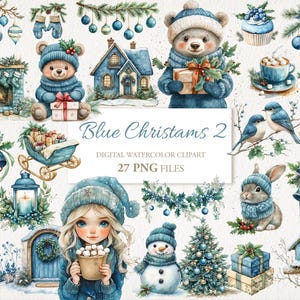 Paquete de imágenes prediseñadas de acuarela acogedoras de invierno mágico y azul navideño. Ilustración de IA. Descarga digital. Uso comercial. Diario basura. 27 PNG