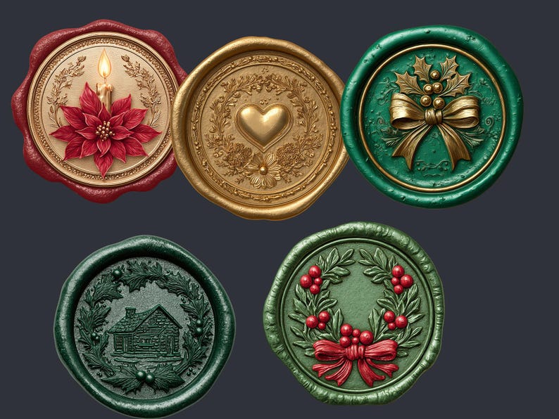 Peut inclure: Collection de sceaux de cire d&eacute;coratifs de diff&eacute;rentes couleurs. Les motifs comprennent un poinsettia avec une bougie, un c&oelig;ur, un n&oelig;ud avec du houx, un chalet et une couronne avec des baies et un n&oelig;ud. Id&eacute;al pour les cr&eacute;ations de vacances.