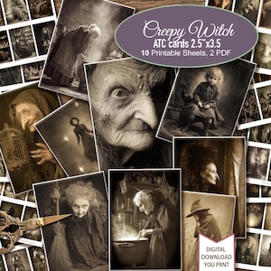 May include: A collection of sepia-toned ATC cards featuring vintage illustrations of witches. The cards, measuring 2.5" x 3.5", showcase various witch portraits and scenes. The text on the image reads "Creepy Witch ATC cards 2.5"x3.5 10 Printable Sheets, 2 PDF" and "DIGITAL DOWNLOAD YOU PRNT".