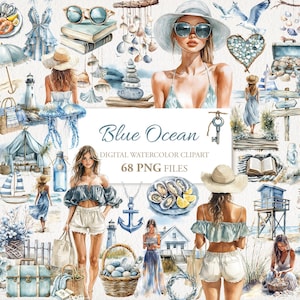 Paquete de imágenes PNG de acuarela de chica viajera de vacaciones en el océano azul. Descarga instantánea. Uso comercial. Tarjetas de diario basura. Paquete de 68.