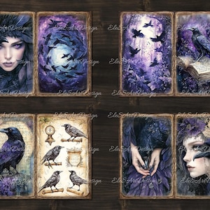 May include: Set of six vintage-style tarot cards featuring a dark, mystical theme. Each card depicts a raven, a woman, and a book with purple and blue hues.