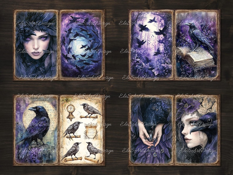 May include: Set of six vintage-style tarot cards featuring a dark, mystical theme. Each card depicts a raven, a woman, and a book with purple and blue hues.