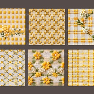 May include: Six different yellow and white embroidery patterns on fabric. The patterns include a checkered pattern, a floral pattern, and a geometric pattern.