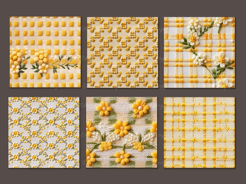 May include: Six different yellow and white embroidery patterns on fabric. The patterns include a checkered pattern, a floral pattern, and a geometric pattern.
