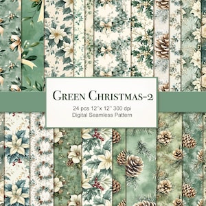 Könnte beinhalten: Ein Set mit 24 digitalen nahtlosen Mustern mit grünem Weihnachtsthema. Die Muster beinhalten Tannenzapfen, Stechpalme, Weihnachtssterne, Schneeflocken und Kränze. Die Muster sind 30,5 cm x 30,5 cm groß und haben eine Auflösung von 300 dpi.