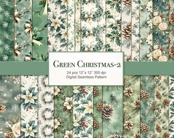 May include: A set of 24 digital seamless patterns featuring a green Christmas theme. The patterns include pine cones, holly, poinsettias, snowflakes, and wreaths. The patterns are 30.5 cm by 30.5 cm and 300 dpi.