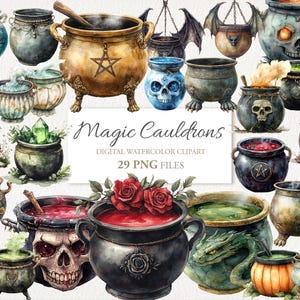 Magische Hexenkessel Dark Academia Wicca Aquarell Clipart Bundle. Buch der Schatten. Sammelalbum Junk Journal. 29 PNG