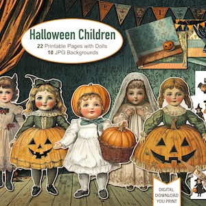 Halloween-pappersdockor för barn, noggranna utklipp. Digital nedladdning. För skräpjournal, efemera. 22 ark med dockor, 10 bakgrunder.