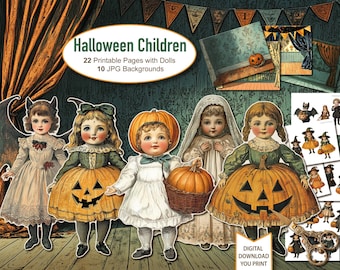 Halloween-pappersdockor för barn, noggranna utklipp. Digital nedladdning. För skräpjournal, efemera. 22 ark med dockor, 10 bakgrunder.
