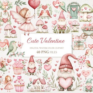 Niedliches Valentinstag Aquarell Clipart PNG Bundle. verlieben sich Vögel,Fee,Wichtel,. Kommerzielle Nutzung. Junk-Journal Karten. 40ER PACK