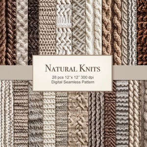 Beige Brown Natural Knits Seamless Pattern. Knitted Texture Digital Paper Bundle. Commercial Use. Scrapbook Junk Journal. 28 PACK