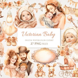 Paquete PNG de imágenes prediseñadas de acuarela de bebé recién nacido victoriano. Arte infantil de baby shower para niños. Ilustración de IA. Uso comercial de descarga instantánea