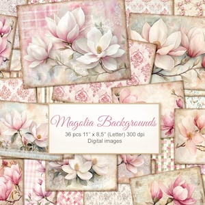 Puede incluir: Un collage digital de 36 imágenes con flores de magnolia rosas y blancas sobre una variedad de fondos de inspiración vintage. Las imágenes miden 28 cm x 21,6 cm y 300 dpi.