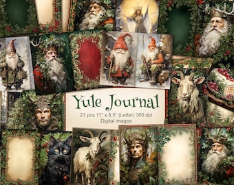 May include: A digital collage of 21 images featuring a Yule theme. The images include a variety of wintery scenes, such as a snow-covered forest, a cozy cabin, and a festive table setting. There are also images of mythical creatures, such as a goat, a cat, and a gnome. The text "Yule Journal" is displayed in the center of the collage.