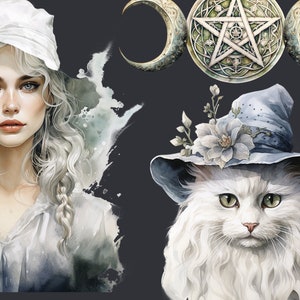 May include: A white woman with long, white hair wearing a white hat and a white shirt. She is looking at the camera. A white cat with a blue hat is looking at the camera. The cat is wearing a blue hat with a white flower on it. There is a pentagram with three moons behind the cat.