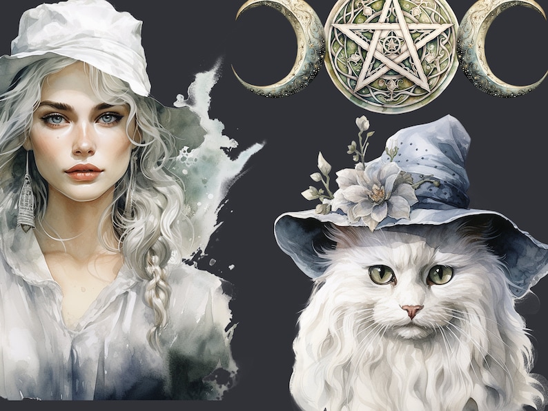May include: A white woman with long, white hair wearing a white hat and a white shirt. She is looking at the camera. A white cat with a blue hat is looking at the camera. The cat is wearing a blue hat with a white flower on it. There is a pentagram with three moons behind the cat.