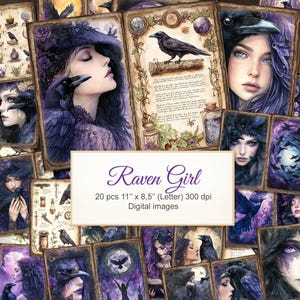 May include: A collage of 20 digital images featuring a raven girl with purple hair and ravens. The images are in a vintage style with a watercolor effect. The text "Raven Girl" is in the center of the collage. The text "20 pcs 11" x 8.5" (Letter) 300 dpi Digital images" is below the title.