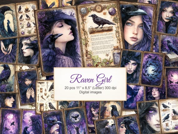 Black Raven Crow Girl Junk Journal Pages. Fantasy Gothic Witchy Totem Grimoire . Digital Download. 20 PACK