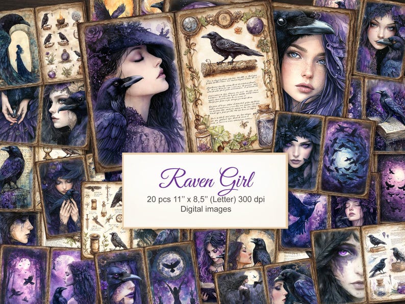 May include: A collage of 20 digital images featuring a raven girl with purple hair and ravens. The images are in a vintage style with a watercolor effect. The text "Raven Girl" is in the center of the collage. The text "20 pcs 11" x 8.5" (Letter) 300 dpi Digital images" is below the title.