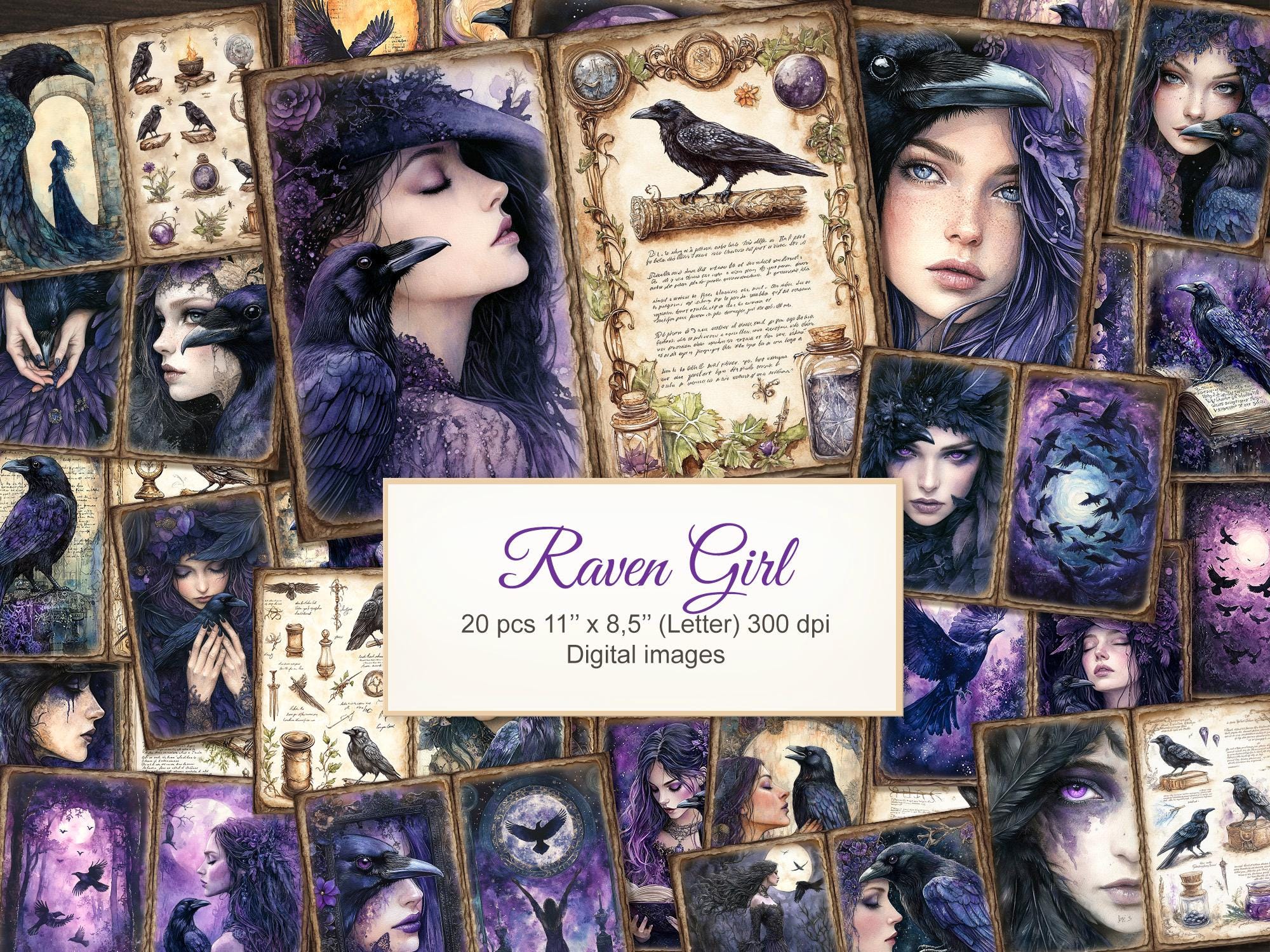 Black Raven Crow Girl Junk Journal Pages. Fantasy Gothic Witchy Totem Grimoire . Digital Download. 20 PACK