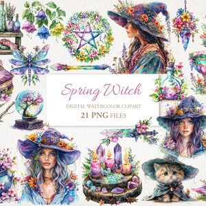 Frühling Hexe Hexerei Aquarell Clipart PNG Bundle. KI Illustration. Digitaler Download zur kommerziellen Nutzung. Sammelalbum Grimoire Junk Journal
