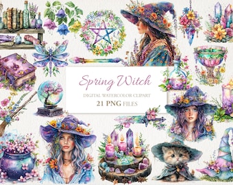 May include: A digital watercolor clipart set featuring a spring witch theme. The set includes 21 PNG files with images of a witch, a cat, a cauldron, a crystal ball, a book, a dragonfly, a wand, a bottle, a candle, a pentagram, and flowers. The images are in a watercolor style and have a whimsical and magical feel.