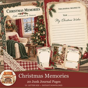 May include: A collection of 20 Christmas Memories junk journal pages featuring festive imagery of a decorated tree, a cozy armchair, and lined writing sections. The pages include text such as Christmas Memories, Little moments to treasure, and My Christmas Wishes, with red and green plaid borders and lace accents.