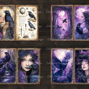 May include: A set of eight digital art prints featuring women with ravens and purple floral backgrounds. The prints are in a vintage style with a dark and mysterious aesthetic.