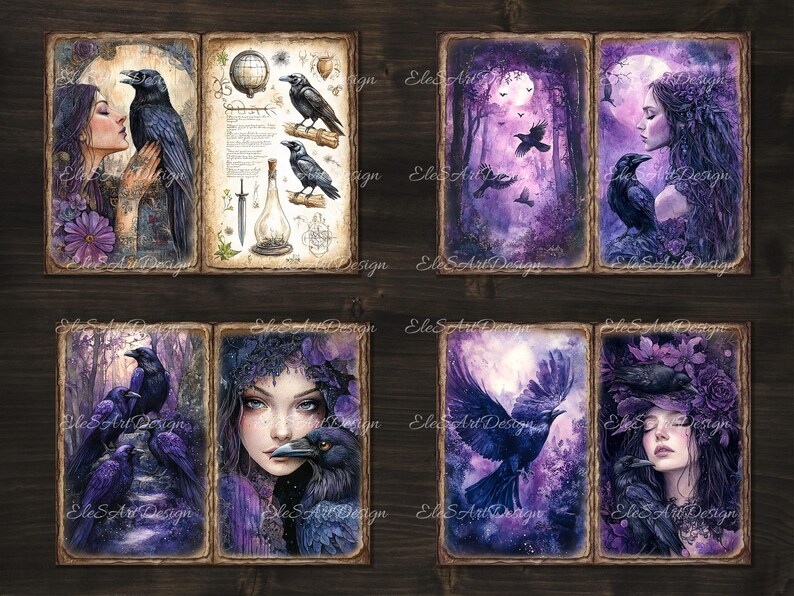 May include: A set of eight digital art prints featuring women with ravens and purple floral backgrounds. The prints are in a vintage style with a dark and mysterious aesthetic.