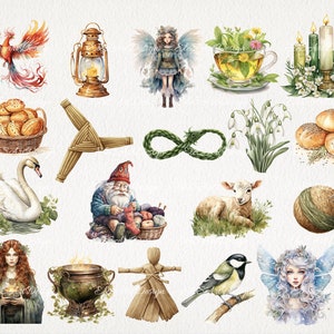 Może przedstawiać: Akwarelowe ilustracje r&oacute;żnych przedmiot&oacute;w, w tym feniksa, latarni, wr&oacute;żki, filiżanki herbaty, świec, chleba, łabędzia, gnoma, jagnięcia, przędzy, kobiety, kotła, ptaka, lalki i pochodni. Miękka paleta pastelowych kolor&oacute;w.