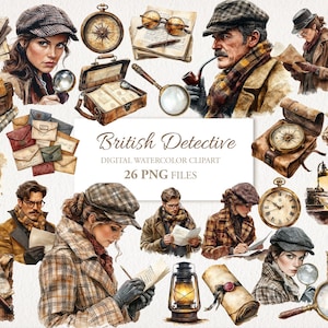 Detective Watercolor Clipart Bundle. AI Illustration. Commercial Use. Scrapbook Junk Journal. 26 PNG