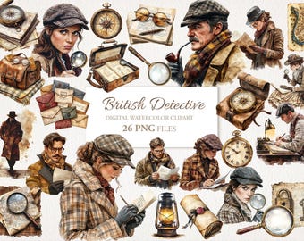 Detective Watercolor Clipart Bundle. AI Illustration. Commercial Use. Scrapbook Junk Journal. 26 PNG