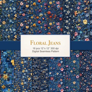 Bloemen jeans denim naadloze patroon papier pagina's. Commercieel gebruik. Knutselen, plakboek, stof, rommeldagboek. PAK VAN 16