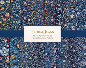 Floral Jeans Denim Seamless Pattern Paper Pages. Commercial Use. Crafting, Scrapbook, Fabric, Junk Journal. 16 PACK