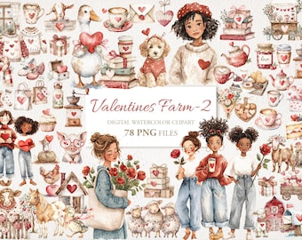 May include: Watercolor digital clipart set titled "Valentines Farm-2" featuring illustrations of farm animals, people, hearts, coffee cups, and other Valentine's Day themed items. The set includes 78 PNG files.