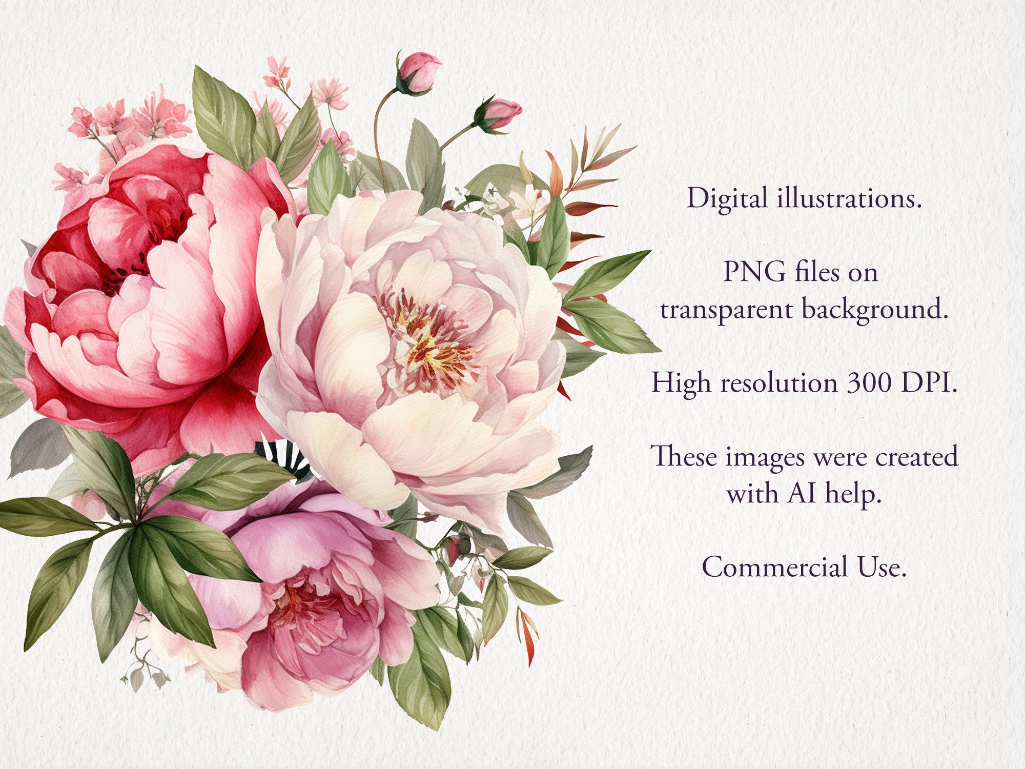 Pink Rose Peony Bouquet Watercolor Clipart PNG Bundle. Vintage Shabby ...