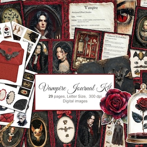 Op de afbeelding: Een digitale Vampire Journal Kit met 29 pagina's, Letterformaat en 300 dpi. De afbeelding toont een collage van gotische illustraties, waaronder portretten, vleermuizen, rozen en een rode envelop met een vleermuisembleem. Het kleurenschema is donkerrood en zwart.