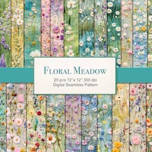 Puede incluir: Un conjunto de 25 patrones digitales sin costuras que presentan un prado floral con varias flores en tonos de rosa, azul, amarillo y verde. Los patrones son de 30,48 cm por 30,48 cm y 300 dpi.
