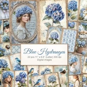 Journal indésirable de fleurs d'hortensia hortensia bleu. Doubles pages imprimables florales d'été shabby chic. Téléchargement numérique. PAQUET DE 22