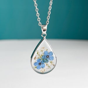 Forget-Me-Nots Blue Flower Necklace Teardrop Handmade Dried Real Flower Pressed Pendant Resin Flower For Women Floral Necklace Resin For Her