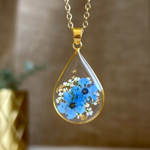 Forget-Me-Nots Blue Flower Necklace Teardrop Handmade Dried Real Flower Pressed Pendant Resin Flower For Women Floral Necklace Resin For Her